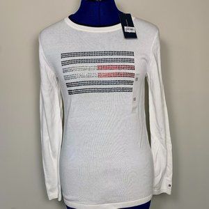 NWT Tommy Hilfiger White Rhinestone Logo Sweater Womens XS Extra Small